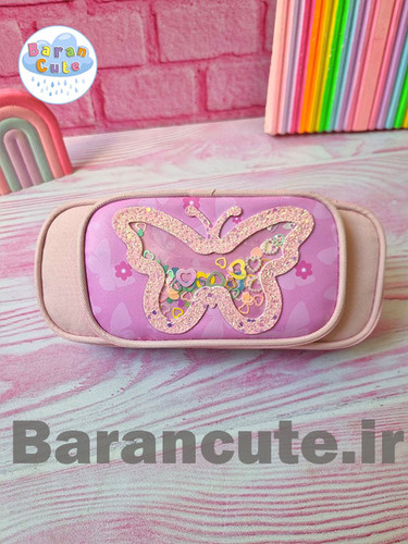 جامدادی وارداتی دو زیپ پروانه شاین دار صورتی پاستیلی